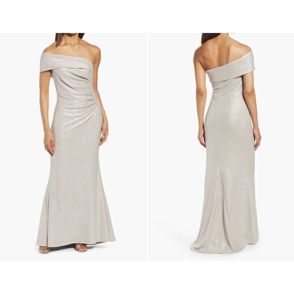 New Eliza J Size 12 One-Shoulder Glitter Mermaid Gown ruching, train Back Beige